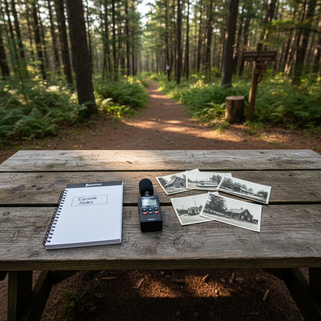 An overhead photographic view of a weathered picnic table at a quiet northern Michigan trailhead, its gray wood etched with faint initials and dates from past visitors. Spread across the table are a spiral-bound field journal labeled “Episode Notes,” a portable digital recorder, and neatly stacked black-and-white archival photos of old cabins, ferries, and small-town main streets. Soft morning forest light filters through tall pines, dappling the table with irregular patches of sunlight and shadow. Photographic realism with moderate depth of field so the background ferns and trail sign fall into a gentle blur. The mood is contemplative and professional, blending modern podcast production tools with tangible fragments of regional history.