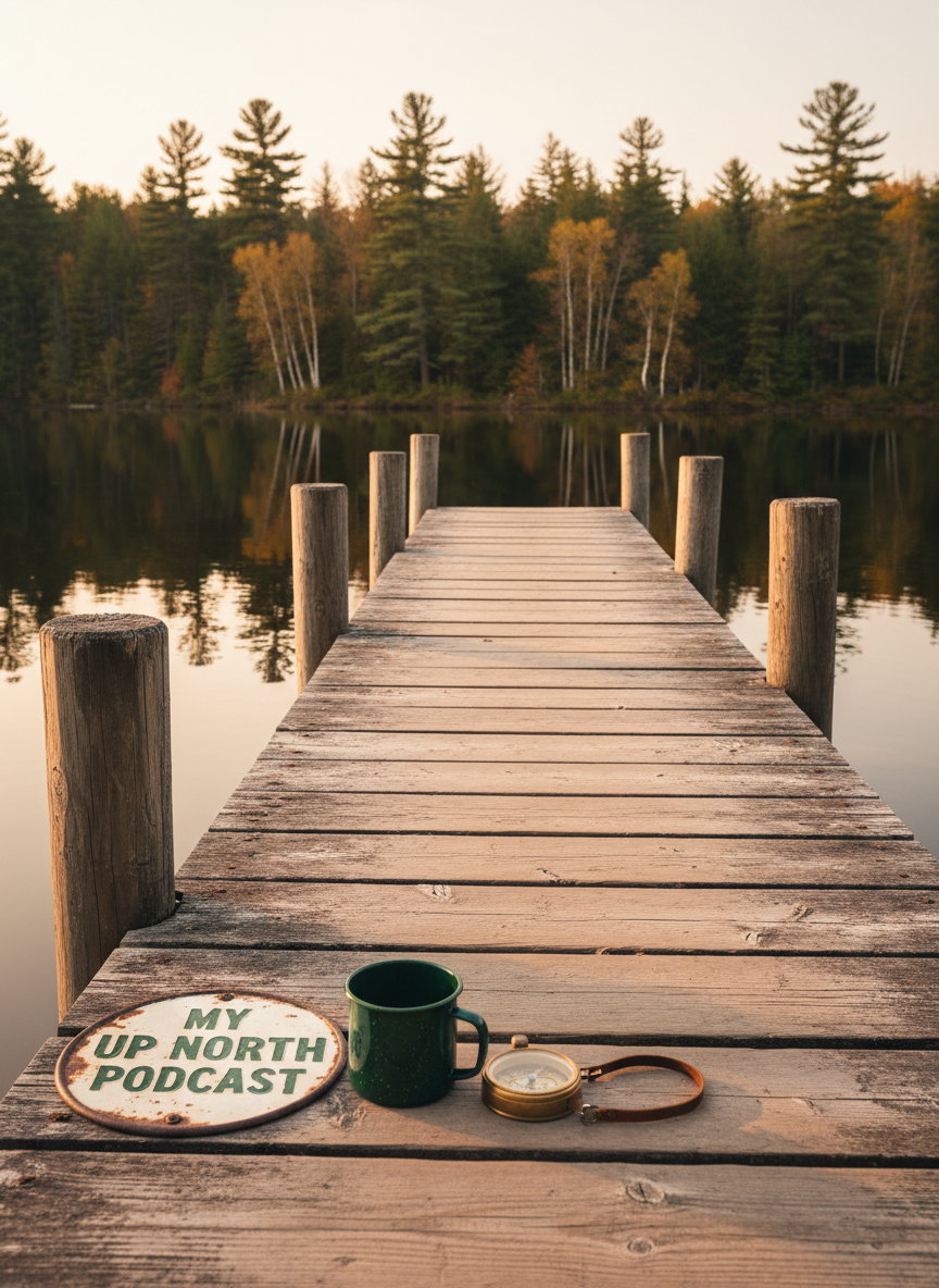 A weathered wooden cabin dock extending into a calm, glassy northern Michigan lake, with a vintage metal sign reading “My Up North Podcast” bolted to the dock’s edge. The shoreline in the distance shows a dense mix of pine and birch trees, with subtle autumn colors beginning to appear. Soft golden hour sunlight creates a warm glow on the water’s ripples and gentle highlights on the textured wood grain. A classic green enamel camp mug and an old compass rest beside the sign. Photographic realism, shot at eye level with a shallow depth of field so the background forest softens into a calm blur, evoking a peaceful, reflective mood and the timeless history of favorite places to unplug.