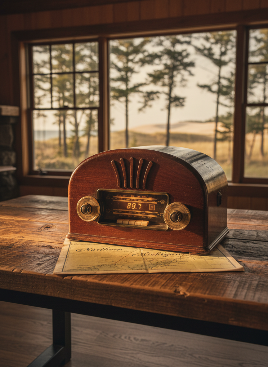 An antique tabletop radio with rounded wooden casing, worn dials, and a glowing amber frequency display, placed on a sturdy reclaimed-wood table inside a rustic northern Michigan lodge. Behind it, a large window reveals a blurred view of a pine-framed shoreline and distant dunes. Late afternoon light pours in, creating soft highlights on the radio’s polished wood and casting elongated shadows across the table’s textured surface. A folded, yellowed map labeled “Northern Michigan” lies partially open beneath the radio. Photographic realism, composed with the radio off-center using the rule of thirds, captured from a slightly elevated angle, conveying a professional yet nostalgic atmosphere that connects audio storytelling with regional history.