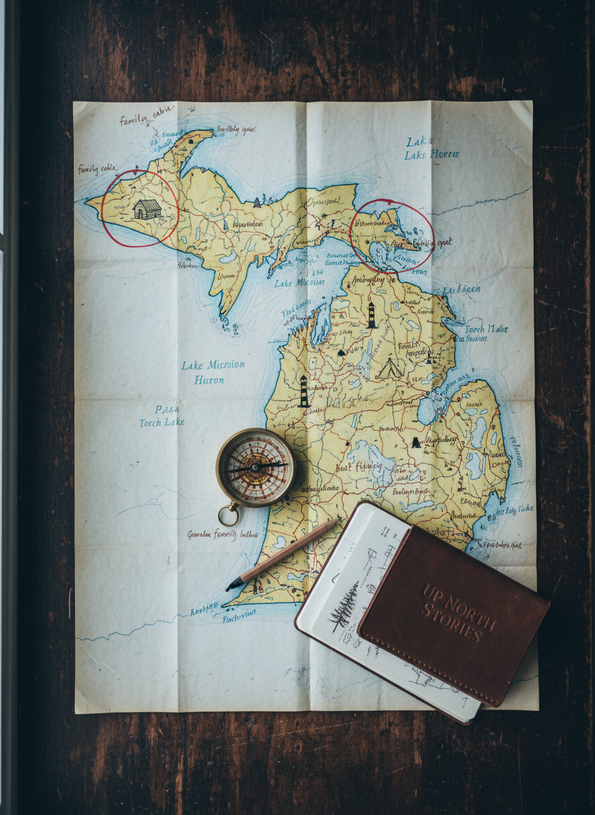 A detailed, top-down view of an old, creased map of northern Michigan spread across a dark wooden desk, with hand-drawn circles around iconic lakes, lighthouse symbols, and small notes like “family cabin” and “first camping trip.” A vintage brass compass, a stubby pencil, and a small field notebook embossed with “Up North Stories” rest on the map. Cool overcast window light from the side creates gentle, diffused illumination, revealing the map’s subtle texture and worn edges without harsh shadows. Photographic realism with sharp focus throughout, creating a sense of discovery and archival research. The mood is thoughtful and professional, evoking careful curation of regional history and cherished unplugged places.