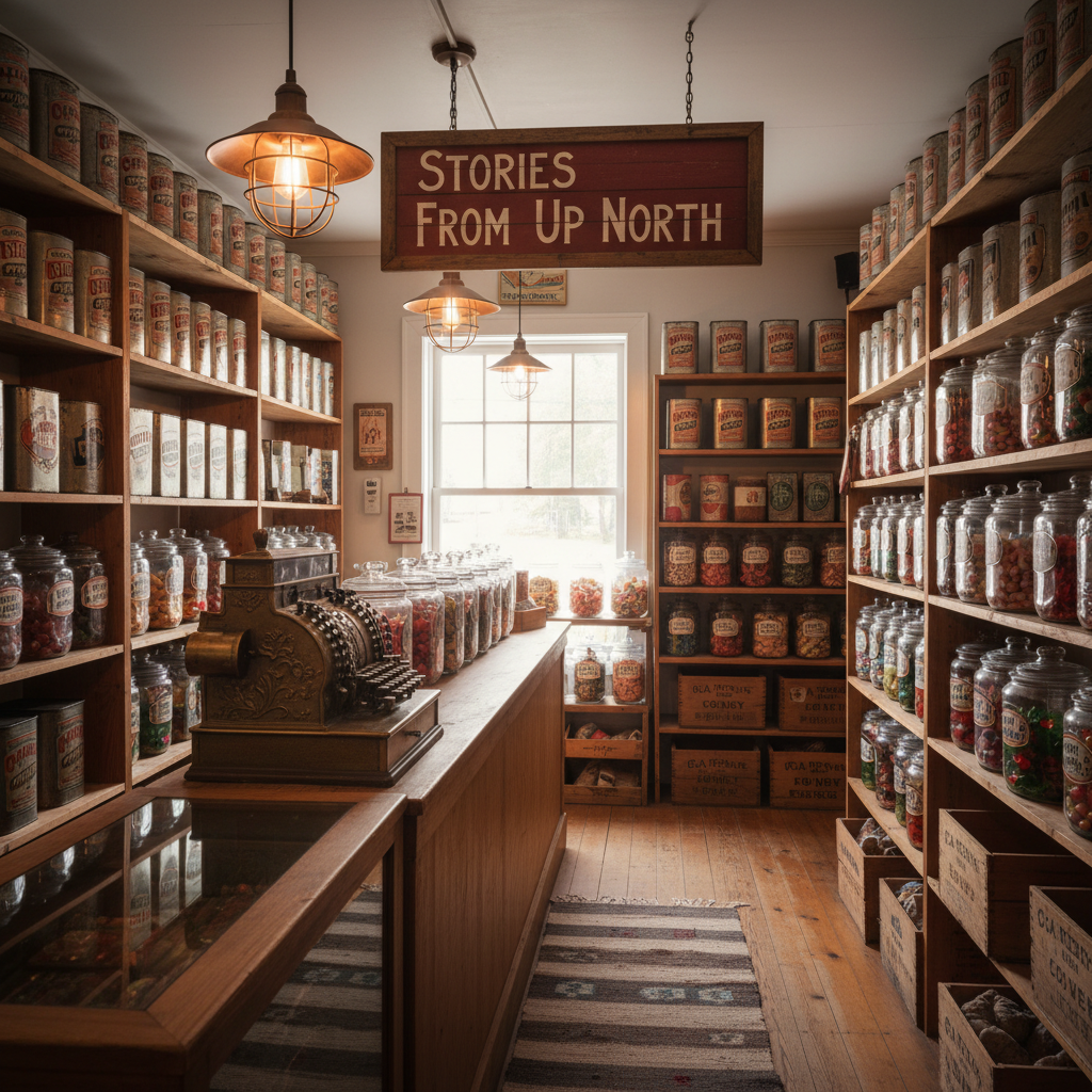 The interior of a small, historic general store in northern Michigan, shown without customers, focusing on carefully arranged shelves of faded tin coffee cans, glass jars of penny candy, and wooden crates stamped with old shipping labels. A simple hand-painted sign reading “Stories From Up North” hangs above the counter, alongside a vintage cash register with ornate metalwork. Warm pendant lights cast a soft amber glow, illuminating dust motes in the air and creating subtle reflections on the glass jars. Photographic realism, shot at eye level with a gently leading line from the front counter into the depth of the shelves, producing a nostalgic yet organized atmosphere that feels like stepping into a preserved piece of local history.